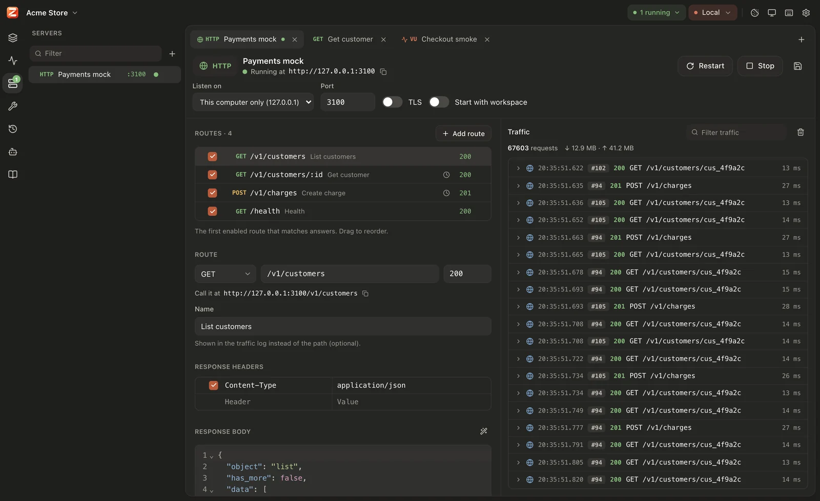 A mock API with routes and its live traffic