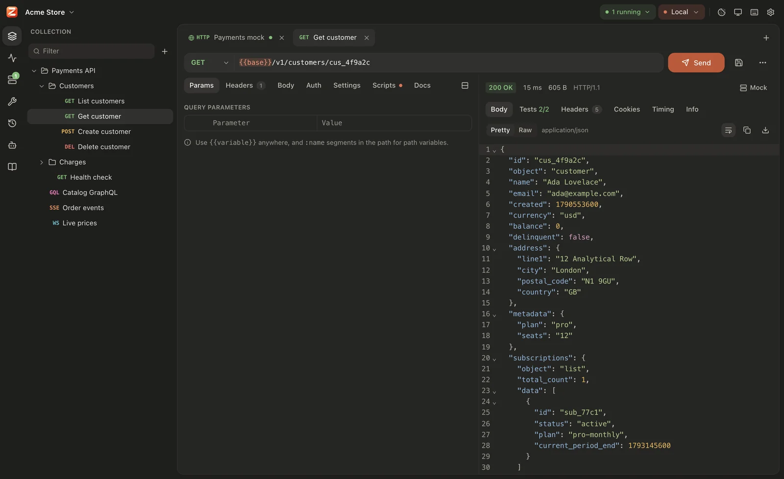A request, its JSON response and tests passing